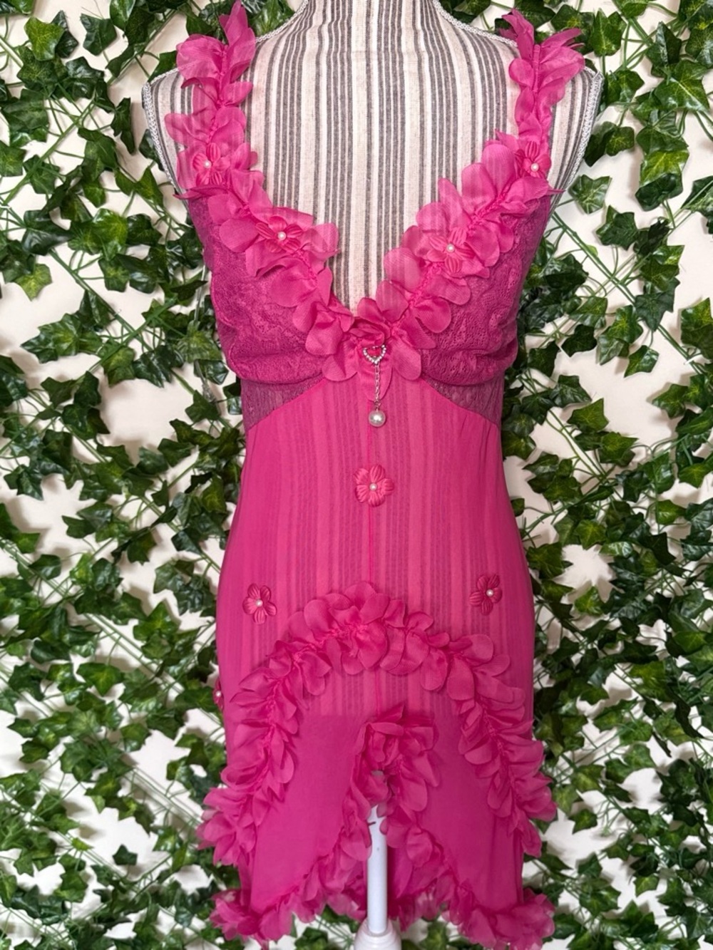 Floral Lace & Chiffon Chemise - Hot Pink